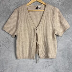 H&M Divided Beige Ribbed Tie Front Short Sleeve Cardigan Sweater Large Crop Wool